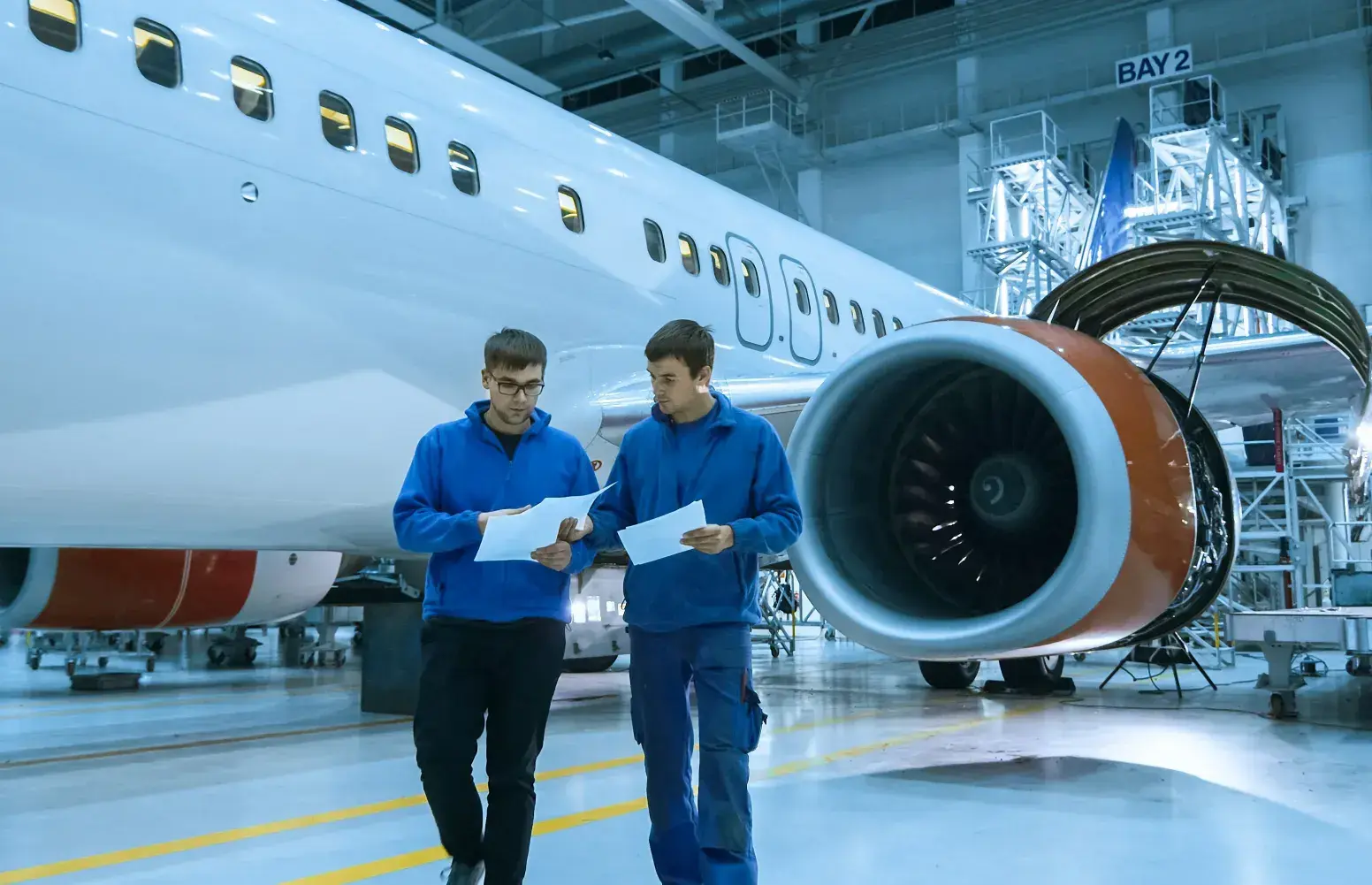 Engineers in hangar in front of aircraft