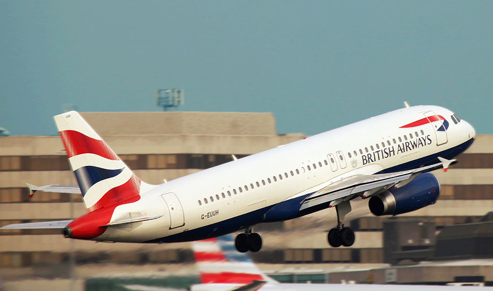A British Airways flight taking off at an airport