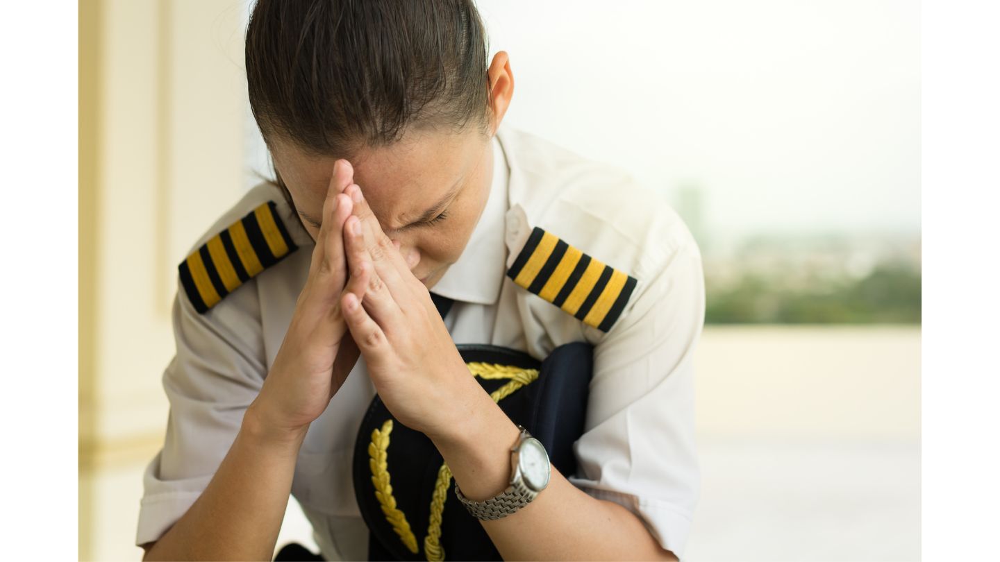 pilot with their head in their hands